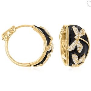 ROSS-SIMONS Sterling Silver White Topaz & Black Enamel Dragonfly Hoop Earrings